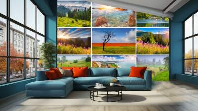 Collage with 9 colorful summer landscapes. Wall mural