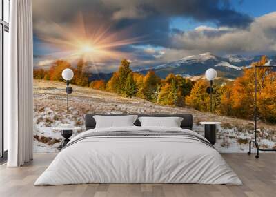 colorful autumn landscape in the mountains. first november snow Wall mural