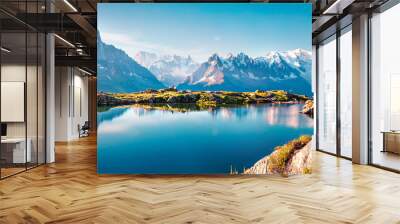 Colorful summer panorama of the Lac Blanc lake with Mont Blanc (Monte Bianco) on background, Chamonix location Wall mural