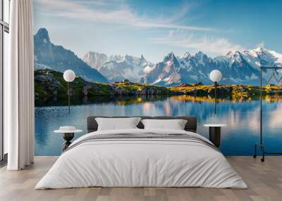 Colorful summer panorama of the Lac Blanc lake with Mont Blanc (Monte Bianco) on background Wall mural