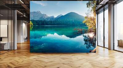 Colorful summer view of Fusine lake. Bright morning scene of Julian Alps with Mangart peak on background, Province of Udine, Italy, Europe. Traveling concept background. Wall mural