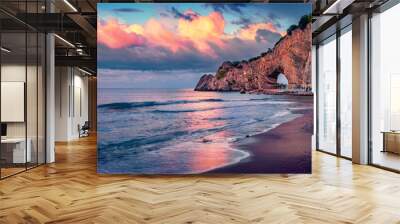 Dramatic summer scene of Palinuro. Picturesque morning view of Natural Arch of Palinuro, Italy, Europe. Fantastic sunrise on Mediterranean sea. Beauty of nature concept background.. Wall mural