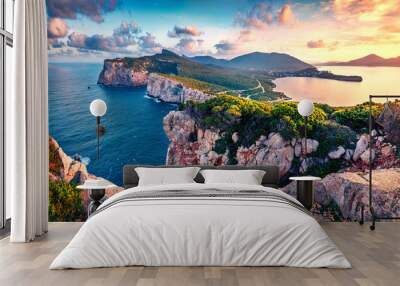 Exciting morning view of Caccia cape. Nice spring sunrise on Sardinia island, Italy, Europe. Great morning seascape of Mediterranean sea. Beauty of nature concept background. Wall mural