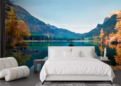 Fantastic autumn panorama on Hintersee lake. Colorful morning view of Bavarian Alps on the Austrian border, Germany, Europe. Beauty of nature concept background. Wall mural