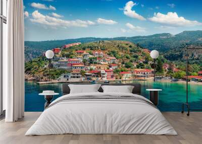 Fantastic morning cityscape of Asos village on the west coast of the island of Cephalonia, Greece, Europe. Wonderful spring sescape of Ionian Sea. Traveling concept background. Wall mural