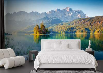 Great summer sunrise on Eibsee lake with Zugspitze mountain range. Sunny outdoor scene in German Alps, Bavaria, Germany, Europe. Beauty of nature concept background. Wall mural