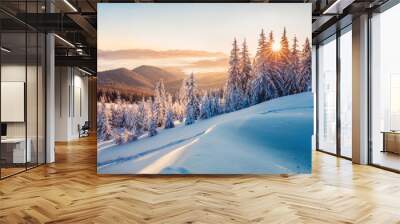 Impressive winter morning in Carpathian mountains with snow covered fir trees. Colorful outdoor scene, Happy New Year celebration concept. Artistic style post processed photo. Wall mural