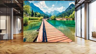 Incredible morning view of Jasna lake. Splendid summer scene of Julian Alps, Gozd Martuljek location, Slovenia, Europe. Wonderful landscape of Triglav National Park. Traveling concept background. Wall mural