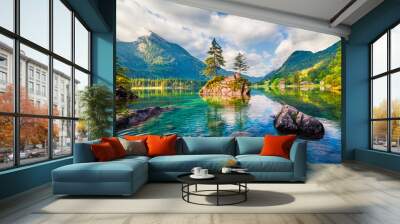 magnificent summer scene of hintersee lake. colorful morning view of austrian alps, salzburg-umgebun Wall mural