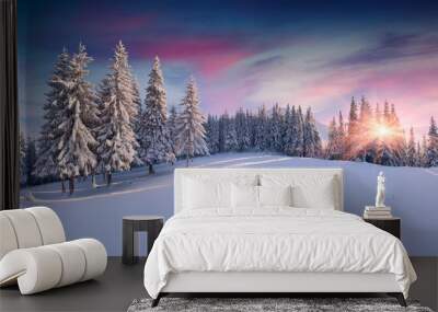 Panorama of the winter sunrise in the mountains Wall mural