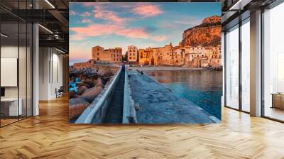 Panoramic spring cityscape of Cefalu town. Adorable sunset on Mediterranean sea, Sicily, Italy, Europe. Traveling concept background. Wall mural