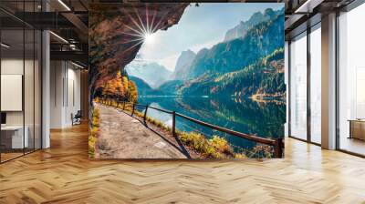 Sunny autumn scene of Vorderer ( Gosausee ) lake. Colorful morning view of Austrian Alps, Upper Austria, Europe. Beauty of nature concept background. Wall mural