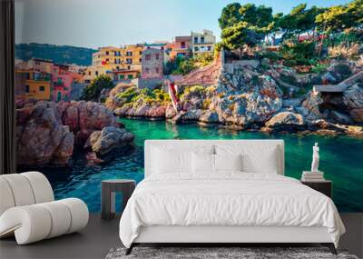 sunny spring view of sant' elia village. splendid azure water bay on sicily, palermo city location,  Wall mural