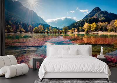 Unbelievable morning view of Jasna lake. Bright autumn scene of Julian Alps, Gozd Martuljek location, Slovenia, Europe. Wonderful landscape of Triglav National Park. Traveling concept background. Wall mural