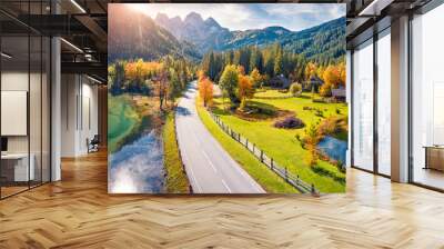 View from flying drone. Bright autumn view of Gosaubach lake. Romantic morning scene of Austrian Alps, Upper Austria, Europe. Beauty of nature concept background. Wall mural