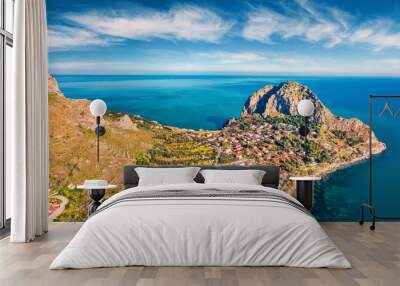 View from flying drone. Gorgeous morning view of Zafferano cape. Exciting spring seascape of Mediterranean sea, Sicily, Italy, Europe. Beauty of nature concept background. Wall mural