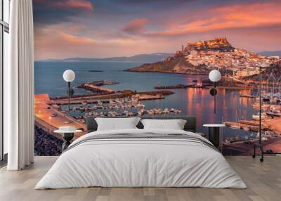 сharm of the ancient cities of europe. panoramic evening cityscape of castelsardo port. stunning sun Wall mural