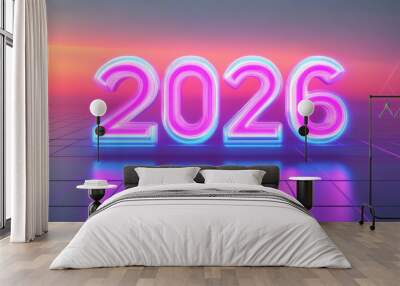 Neon 2026: Glowing Future.  A vibrant, neon pink and blue 2026 sign stands against a futuristic sunset backdrop, promising a bright and exciting new year. Wall mural