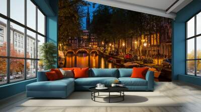 Amsterdam canal shimmers at twilight Wall mural