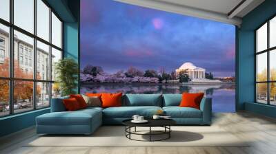 Panorama of the Jefferson Memorial at twilight with the blooming of the cherry blossoms in early spring Wall mural