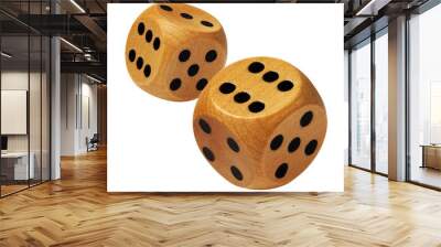 A pair of rolling wooden dices on white Wall mural