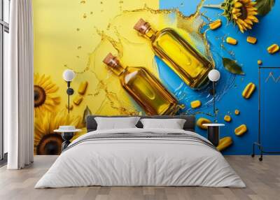 Sunflower Oil Splash: Two bottles of sunflower oil are engulfed in a captivating splash Wall mural