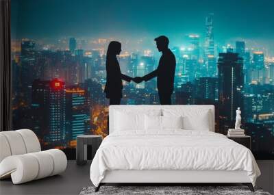 Two people shaking hands against a backdrop of a city skyline, symbolizing trust and collaboration Wall mural