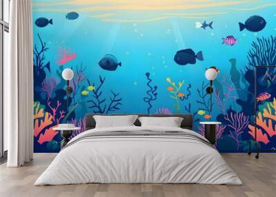 Underwater cartoon flat background with fish silhouettes Wall mural