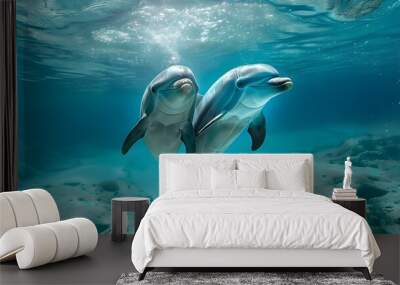 Underwater photography of dolphins swimming gracefully Wall mural