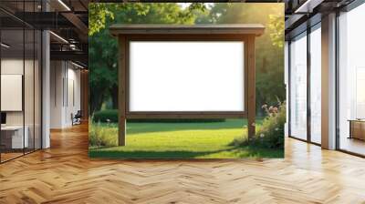 Park Information Board Mockup: Wooden Frame Display in Lush Green Natural Setting for Outdoor Announcements and Maps Wall mural