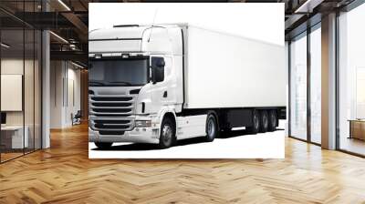 A modern European truck with a cab and semi-trailer in full white. Front side view isolated on white background. Wall mural