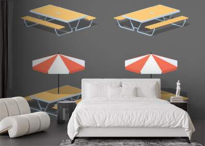 Cafe table with sun umbrella. 3D lowpoly isometric vector illustration. The set of objects isolated against the grey background and shown from two sides Wall mural