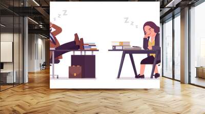 Chubby heavy man and curvy woman with belly sleeping. Overweight and fat body shape, round kind civil service worker. Big people fashion, plus size formal wear. Vector flat style cartoon illustration Wall mural