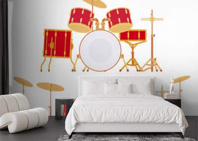 Complete drum set with cymbals and stands. Percussion instruments for training, stage performance. Vector flat style cartoon illustration isolated, white background, different views, positions Wall mural