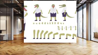 Crocodile woman, green reptile lady, animal head, tail construction set. Aggressive dangerous person with jaws, teeth, wild predator. Cartoon flat style infographic illustration, different gestures Wall mural