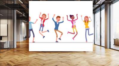 Dancing group of happy people. Friends, young smiling people, teenager boys, girls together, adolescent unity. Vector flat style cartoon illustration isolated, white background, full length portrait Wall mural