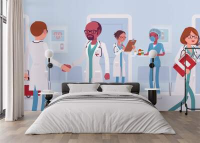 Doctors and nurses working in a hospital. Busy day in clinic department, staff and med equipment, patients given professional medical treatment, health care institution routine. Vector illustration Wall mural