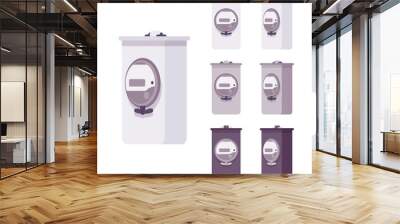 Electric meter measurement box set. Home electrical equipment, energy meter system with display. Vector flat style cartoon illustration isolated on white background, different views and colors Wall mural