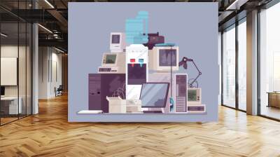 Electronic appliances waste trash pile, broken office equipment. Unwanted technology devices, not working digital rubbish, dangerous toxic metal, used materials. Vector flat style cartoon illustration Wall mural