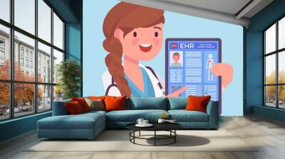 Electronic health record, EHR digital patient tablet chart, female doctor. Young woman holding device with clinical data, medical treatment history application. Vector flat style cartoon illustration Wall mural