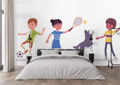 Ethnically diverse children playing sport, games outdoor. Group of happy kids enjoy open air activities, have relaxing and enjoyable summer time on holidays. Vector flat style cartoon illustration Wall mural