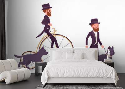 Gentleman in black tuxedo jacket on recreation walk with dog. High social rank man, fashionable dandy riding penny farthing bicycle. Vector flat style cartoon illustration isolated on white background Wall mural