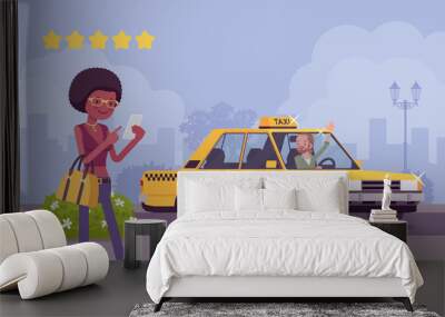 Good car and driver in taxi rating app system. Happy female passenger ranking with smartphone application vehicle, service quality, route, price, safety performance at five stars. Vector illustration Wall mural