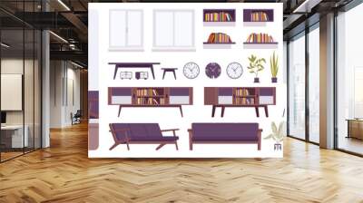 Living room modern interior, home or office creation kit, lounge set with furniture, different constructor elements to build own design. Cartoon flat style infographic illustration with color palette Wall mural