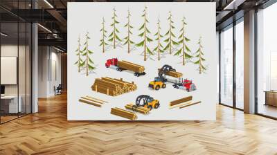 lumber stock. logs loading on trucks. 3d lowpoly isometric vector concept illustration suitable for  Wall mural