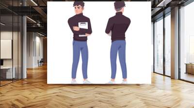 Office handsome man standing, business casual look smart guy. Sporty chic office outfits young businessman. Vector flat style cartoon character set isolated on white background, front and rear view Wall mural