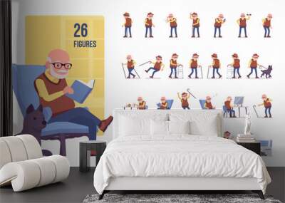 Old man character set, pose sequences. Senior citizen, retired grandfather wearing glasses, old age pensioner, lonely grandpa. Full length, different views, gestures, emotions, positions Wall mural