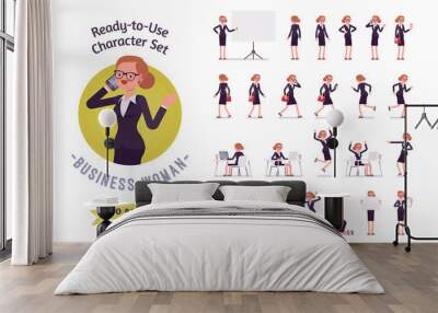 Ready-to-use business woman character set, different poses and emotions Wall mural