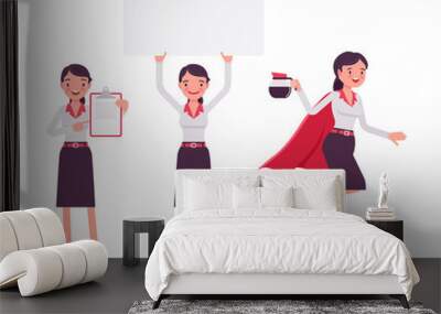 smart businesswoman, business manager, hero with coffee pot mug, banner, clipboard. office worker pr Wall mural