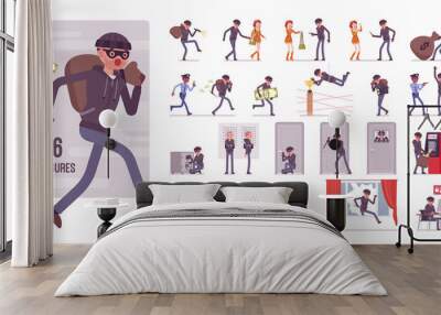 Thief, masked man stealing money character set. Burglar committing robbery, outlaw fraud operating lawless financial crime, bandit or hacker. Full length, different view, gestures, emotions, poses Wall mural